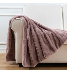 Luxury Fuzzy Camel Color Stripe Geometrical Jacquard Faux Fur Minky Throw Blankets