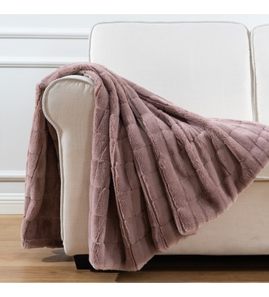 Luxury Fuzzy Camel Color Stripe Geometrical Jacquard Faux Fur Minky Throw Blankets