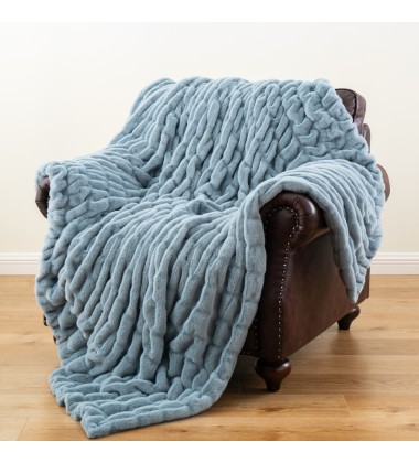 Luxe Double Sides Plush Copper Blue Ruched Minky Faux Fur Throw Blanket for home deco