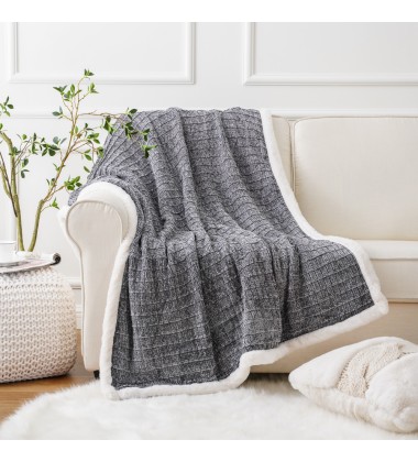 Luxury Gray Plush Fuzzy Chunky Knit Chenille Yarn Knit Faux Throw Blanket for Bed Sofa Chair Home