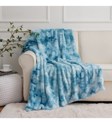 Tie Dye Faux Fur Mink Blankets Throw Size Sky Blue Fuzzy Plush Fluffy Soft Warm Reversible Sherpa Microfiber Fleece Blanket