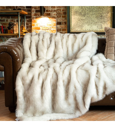 European Style Luxury White Fake Fox Fur Throw Blanket Tip Dye Print Faux Fur Throw Blankets Luxurious