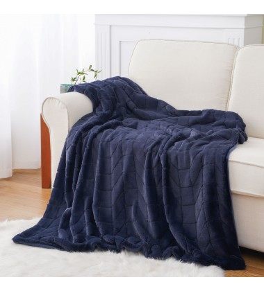 50 x 70 Inches Navy Blue Soft Throw Blanket Ultra Plush Jacquard Minky Faux Rabbit Fur Blanket