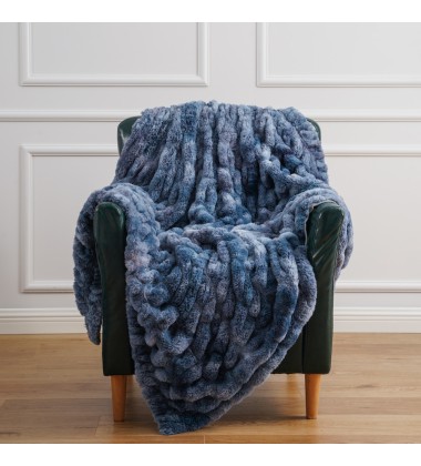 Nordic Style Fuzzy Cozy Warm Tie Dye Navy Blue Faux Fur Soft Wave Ruched Faux Fur Throw Blanket