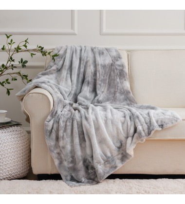 Cozy Gray Tie Dye Rabbit Minky Faux Fur Blanket Throw Fuzzy Reversible Sherpa Bed Blankets for Bed Couch Room