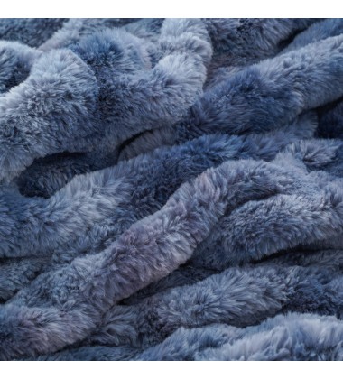 Nordic Style Fuzzy Cozy Warm Tie Dye Navy Blue Faux Fur Soft Wave Ruched Faux Fur Throw Blanket