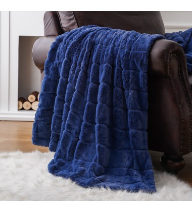 Luxury Super Soft Striped Blue Rabbit Fur Throw Blanket Warm Minky Plush Blanket For Couch Sofa Bed Living Room