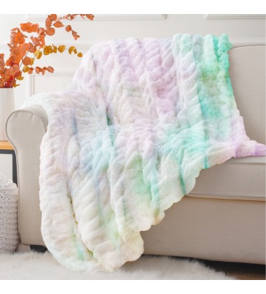 Super Soft Tie Dye Jacquard Stripe Faux Fur Minky Throw Blanket and Cushions