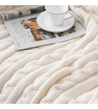 Cream White Super Soft Warm Luxury Cotton Cable Lined Knit Luxury Throw Blanket with Faux Fur Rabbit Minky Lining