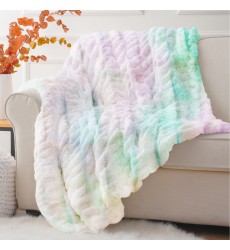 Cozy Tie Dye Faux Fur Throw Blanket Decorative Luxury Rainbow Throw Blanket for Sofa Bed Couch