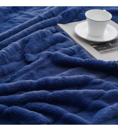 Luxury Super Soft Striped Blue Rabbit Fur Throw Blanket Warm Minky Plush Blanket For Couch Sofa Bed Living Room