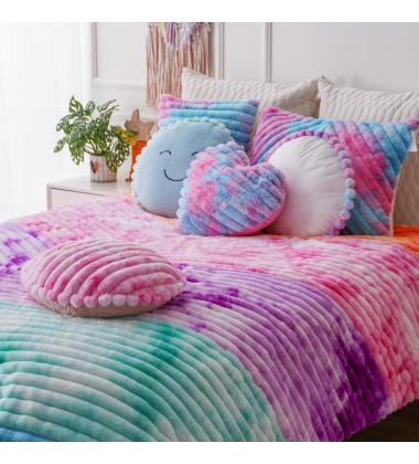 Popular Colorful Tie Dye Rainbow Printed Jacquard Stripe Double Layer Faux Fur Throw Blanket for Bedding Comforter Set