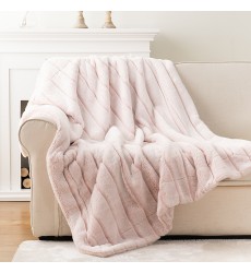 Luxury Pink Back Printed Cutting Channel Stripe Frosted Double Sides Cozy Soft Faux Fur Minky Throw Blankets for Couch Sofa Bed