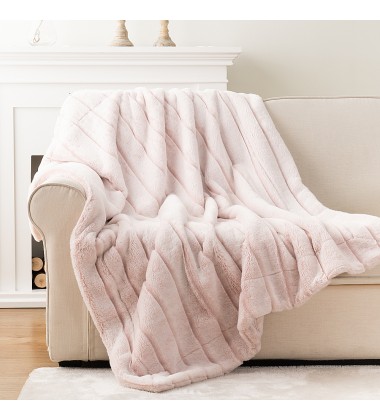 Luxury Pink Back Printed Cutting Channel Stripe Frosted Double Sides Cozy Soft Faux Fur Minky Throw Blankets for Couch Sofa Bed