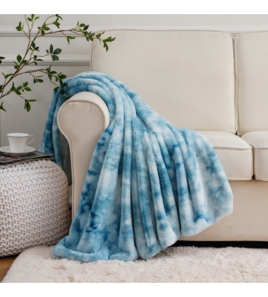 Tie Dye Faux Fur Mink Blankets Throw Size Sky Blue Fuzzy Plush Fluffy Soft Warm Reversible Sherpa Microfiber Fleece Blanket