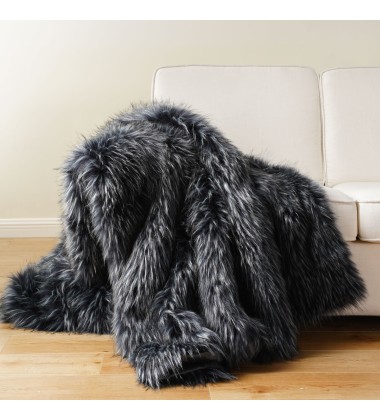 Gray Luxury Modacrylic Fluffy Fur Throw Animal Friendly Fox Fur Fluffy Faux Fur Blanket