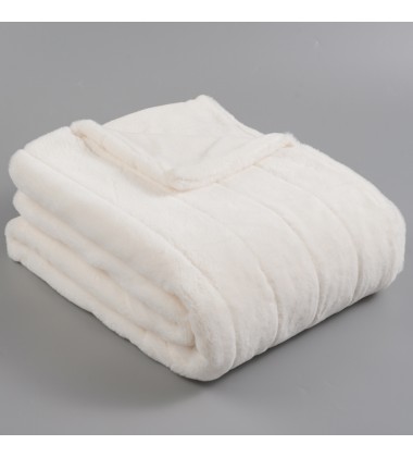 Luxury White Color High-end Premium Jacquard Stripe Texture Faux Fur Minky Ribbed Throw Blanket