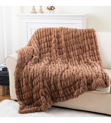 Luxe Double Sides Plush Copper Blue Ruched Minky Faux Fur Throw Blanket for home deco