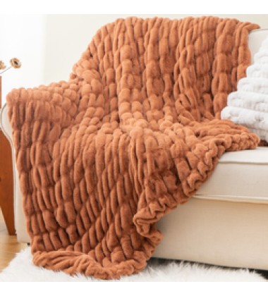 60 X 72Inch Luxury Double Layer Modern Soft Camel Tie Dye Ruched Spandex Faux Fur Rabbit Minky Throw Blankets