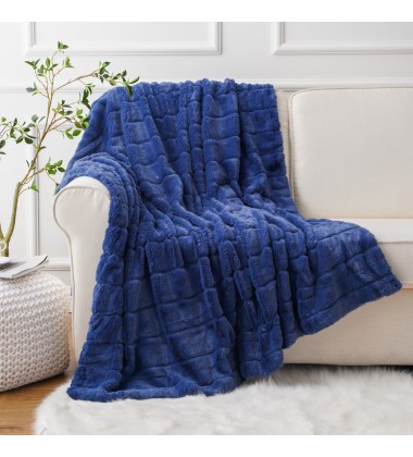 Blue Faux Rabbit Fur Micromink Reversible Throw Blanket Bed Throws 50x60  Size