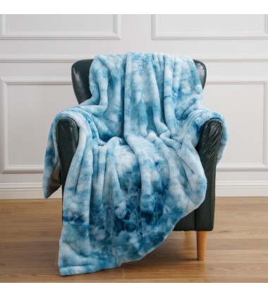 Tie Dye Faux Fur Mink Blankets Throw Size Sky Blue Fuzzy Plush Fluffy Soft Warm Reversible Sherpa Microfiber Fleece Blanket