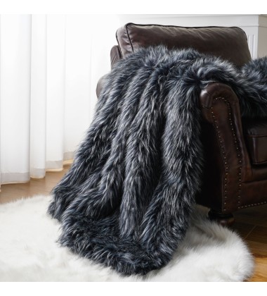 Gray Luxury Modacrylic Fluffy Fur Throw Animal Friendly Fox Fur Fluffy Faux Fur Blanket