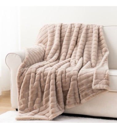 Classical Super Soft Cozy Taupe Channel Striped Reversible Double Sided Wearable Fox Faux Fur Throw Blankets for winter