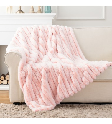 Luxury  Jacquard Stripe  Rosewater Pink Solid Tie Dye Minky Faux Rabbit Fur Mink Throw Blankets