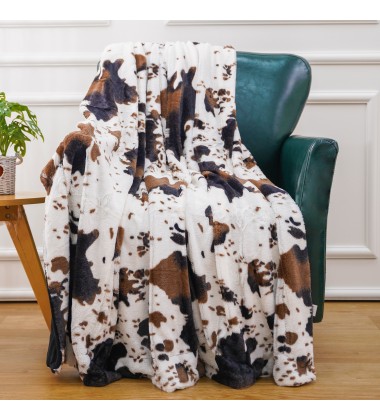 Rustic Fuzzy Oversized Comfort Cow Printed Faux Fur Minky Throw Blanket 50