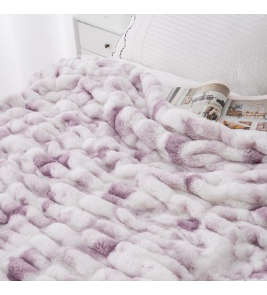 Purple Tie Dye Ruched Faux Fur Minky Blanket Super Soft Elegant Luxury and Warm for winter