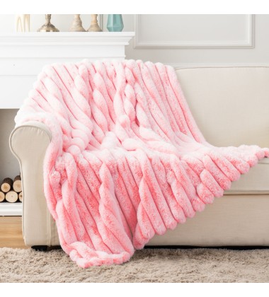 Luxury  Jacquard Stripe  Rosewater Pink Solid Tie Dye Minky Faux Rabbit Fur Mink Throw Blankets