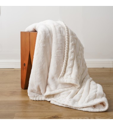 Cream White Super Soft Warm Luxury Cotton Cable Lined Knit Luxury Throw Blanket with Faux Fur Rabbit Minky Lining