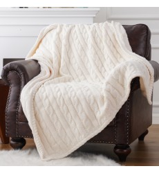 Cream White Super Soft Warm Luxury Cotton Cable Lined Knit Luxury Throw Blanket with Faux Fur Rabbit Minky Lining