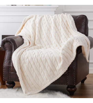 Cream White Super Soft Warm Luxury Cotton Cable Lined Knit Luxury Throw Blanket with Faux Fur Rabbit Minky Lining