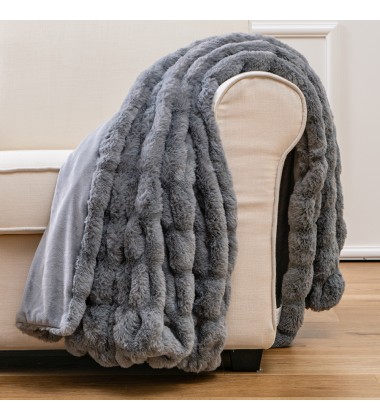  Solid Color Ruched Royal Faux Fur Throw Blanket Reversible Plush Velvet Blanket