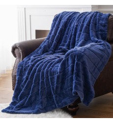 Luxury Super Soft Striped Blue Rabbit Fur Throw Blanket Warm Minky Plush Blanket For Couch Sofa Bed Living Room