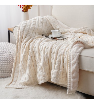 Cream White Super Soft Warm Luxury Cotton Cable Lined Knit Luxury Throw Blanket with Faux Fur Rabbit Minky Lining