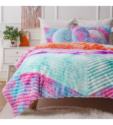 Popular Colorful Tie Dye Rainbow Printed Jacquard Stripe Double Layer Faux Fur Throw Blanket for Bedding Comforter Set