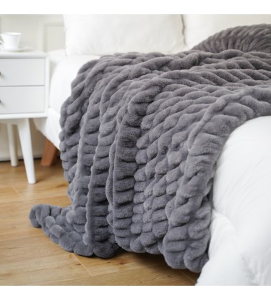 Gray Ruched Faux Fur Plush 3 Piece Throw Blanket Set Ultra Soft Fluffy with 2 Square Pillow Covers