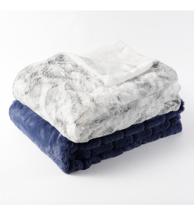 Blue Faux Rabbit Fur Micromink Reversible Throw Blanket Bed Throws 50x60  Size