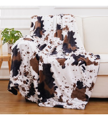 Rustic Fuzzy Oversized Comfort Cow Printed Faux Fur Minky Throw Blanket 50