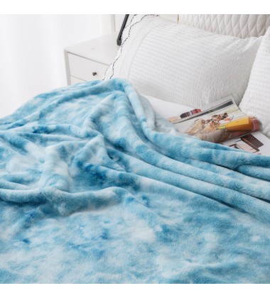 Tie Dye Faux Fur Mink Blankets Throw Size Sky Blue Fuzzy Plush Fluffy Soft Warm Reversible Sherpa Microfiber Fleece Blanket