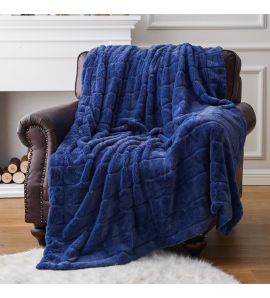 Luxury Super Soft Striped Blue Rabbit Fur Throw Blanket Warm Minky Plush Blanket For Couch Sofa Bed Living Room