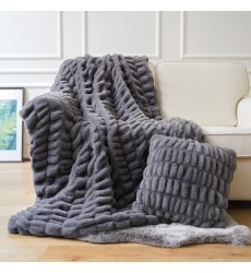 Gray Ruched Faux Fur Plush 3 Piece Throw Blanket Set Ultra Soft Fluffy with 2 Square Pillow Covers