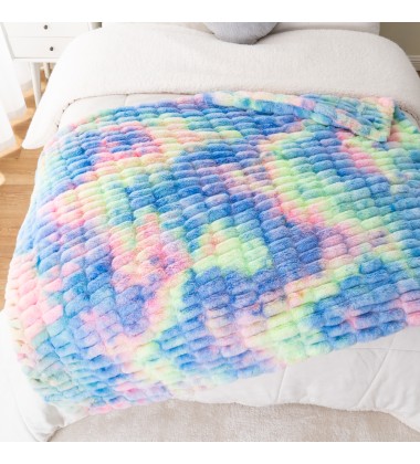 Adult Baby Sized Super Soft Fuzzy Double Sides Rainbow Tie Dye Ruched Faux Fur Minky Throw Blankets Hugs for deco