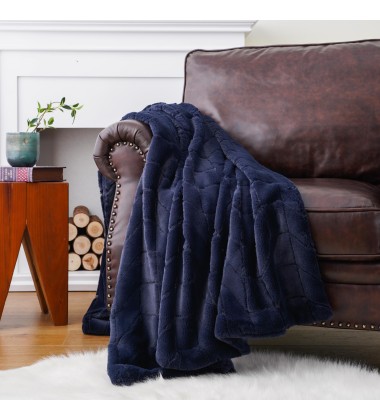 50 x 70 Inches Navy Blue Soft Throw Blanket Ultra Plush Jacquard Minky Faux Rabbit Fur Blanket