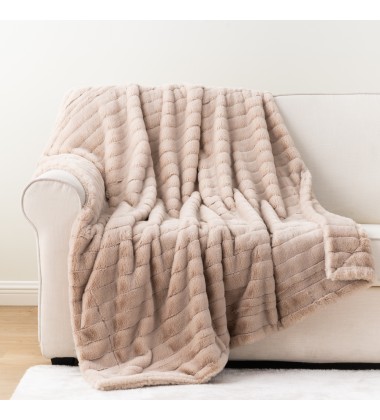 Classical Super Soft Cozy Taupe Channel Striped Reversible Double Sided Wearable Fox Faux Fur Throw Blankets for winter