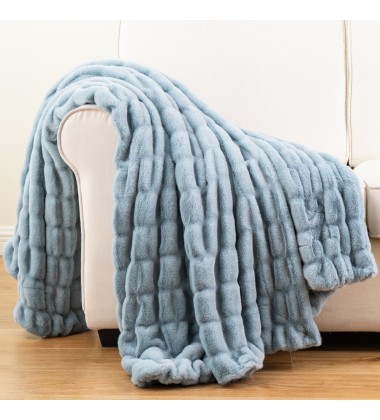 Luxe Double Sides Plush Copper Blue Ruched Minky Faux Fur Throw Blanket for home deco