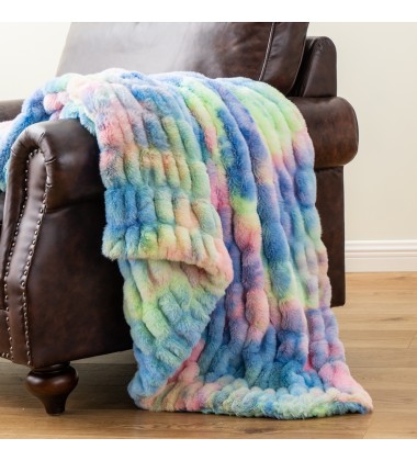 Adult Baby Sized Super Soft Fuzzy Double Sides Rainbow Tie Dye Ruched Faux Fur Minky Throw Blankets Hugs for deco