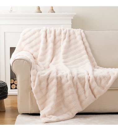 Classical Super Soft Cozy Taupe Channel Striped Reversible Double Sided Wearable Fox Faux Fur Throw Blankets for winter